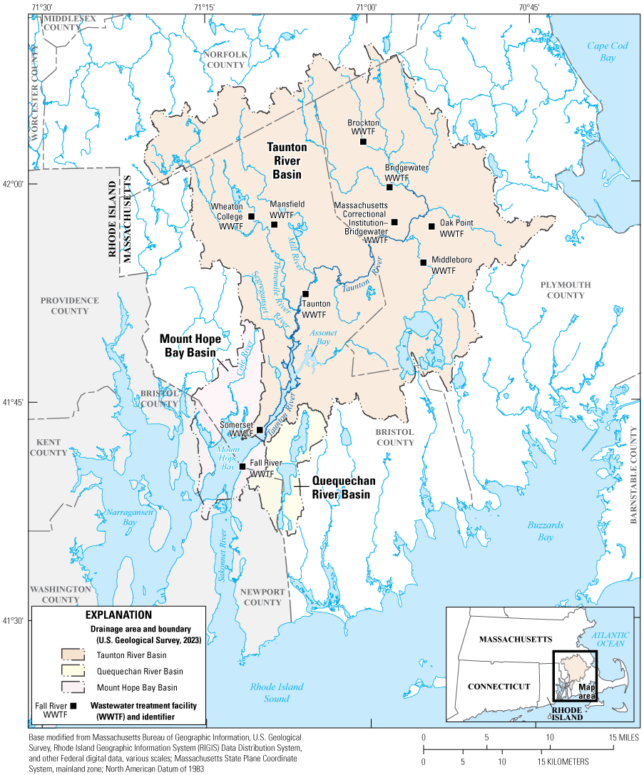 Ten wastewater treatment facilities are inside the study area, which is bordered by
                     Norfolk, Bristol, and Plymouth Counties.