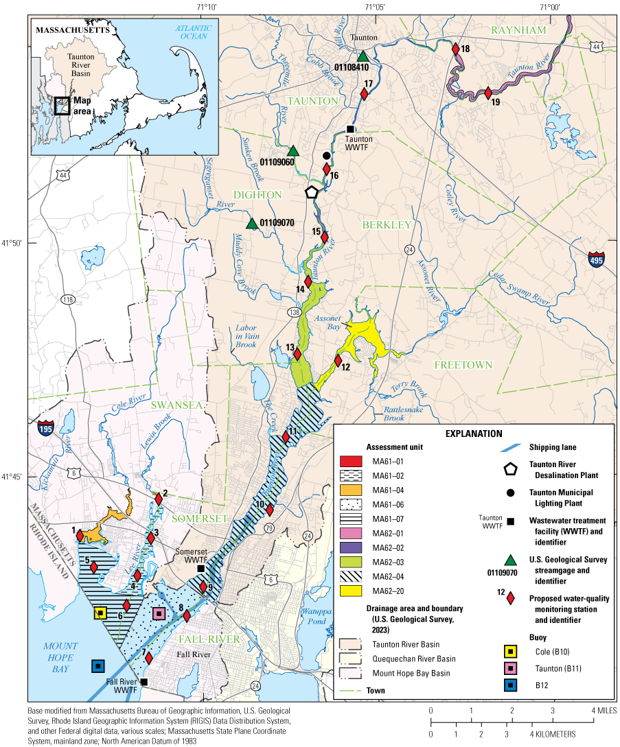 Along Mount Hope Bay and the Taunton River, several stations and buoys are shown.
                     The map also shows three U.S. Geological Survey streamgages. Mount Hope Bay and the
                     Taunton River are divided into assessment units.