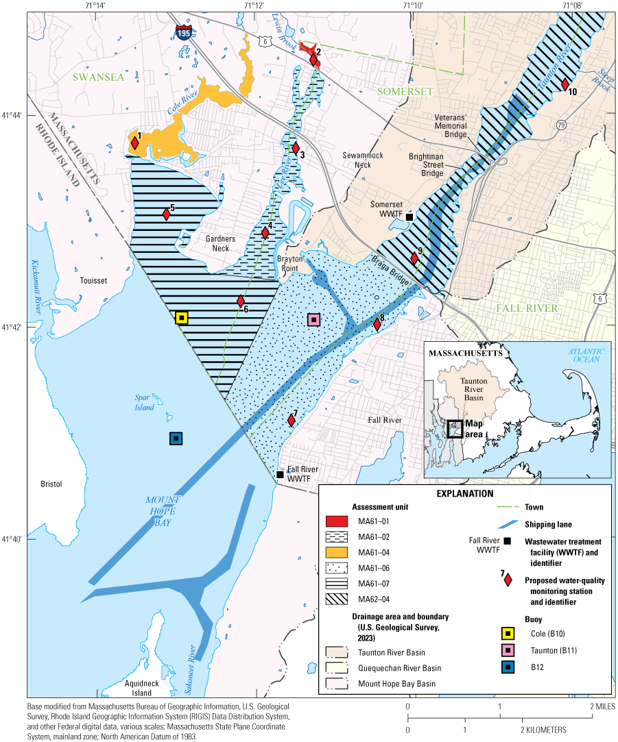 Ten proposed water monitoring stations are labeled on the map area as 1 through 10.