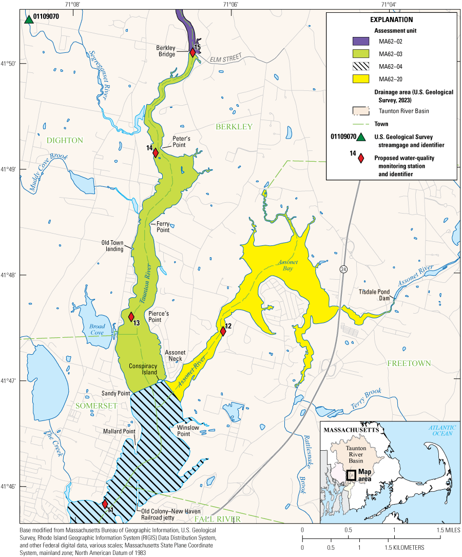 Five proposed water monitoring stations are labeled on the map area as 11 through
                        15.