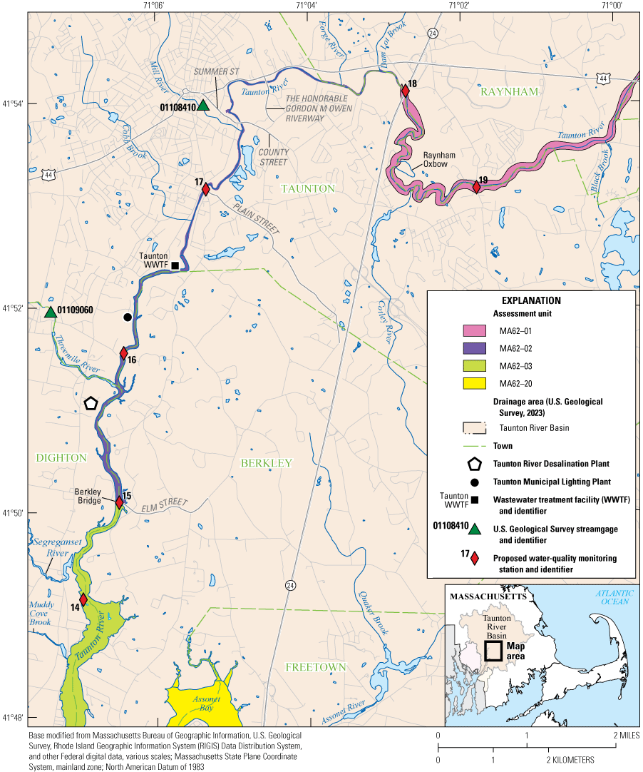 Six proposed water monitoring stations are labeled on the map area as 14 through 19.