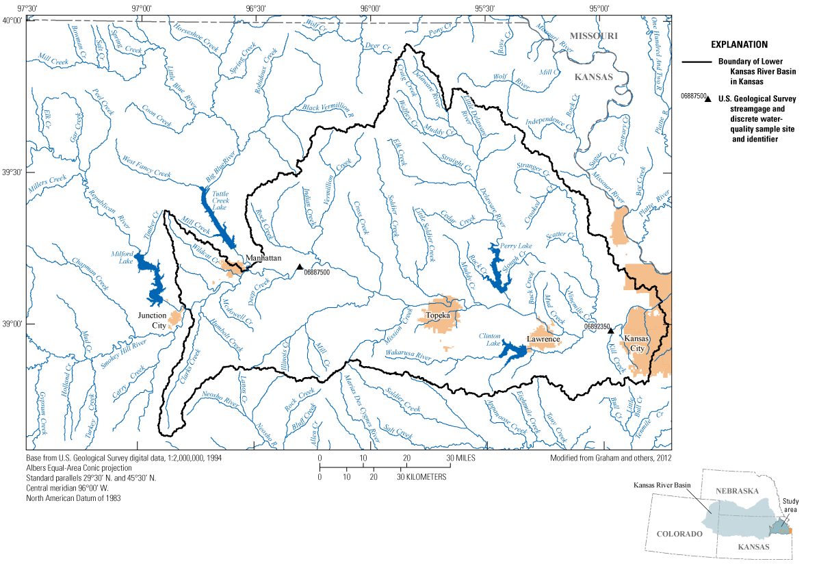 U.S. Geological Survey streamgages and discrete water-quality sampling sites in the
                     Lower Kansas River Basin at Wamego and De Soto, Kansas.