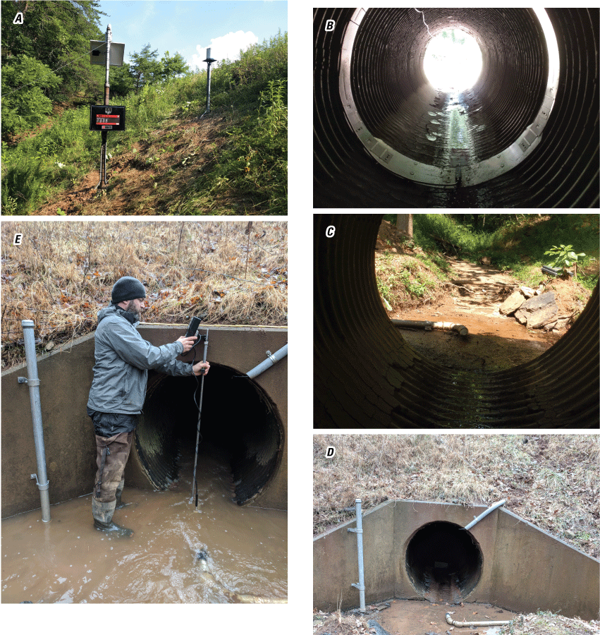 Clockwise from top left, (1) the rain gage is at the top of the upper pole. The instrument
               shelter and solar panel are on the lower pole. (2) The AV sensor and mounting ring
               are shown from downstream. (3) The culvert opening and apron from inside the culvert.
               The orifice of the nonsubmersible transducer (NTRAN) is at the center. (4) The culvert
               opening and apron from upstream. The crest-stage gage is the vertical pipe at the
               left, and flexible conduit for the AV sensor cable is at the upper right corner of
               the culvert, and the NTRAN orifice is at bottom center. (5) James Scott measuring
               discharge at the same culvert opening.