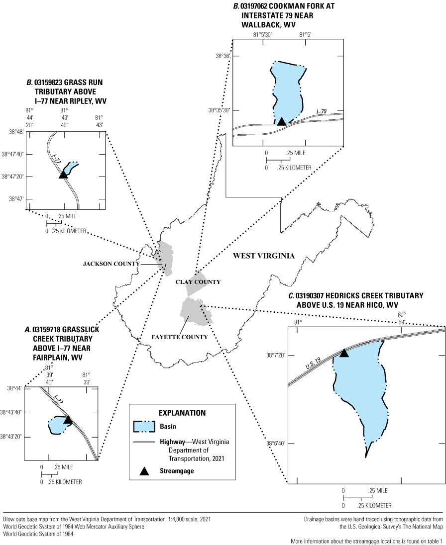 Four time of concentration field sites are shown in nested inset maps of basins, counties,
                     and the state of West Virginia.