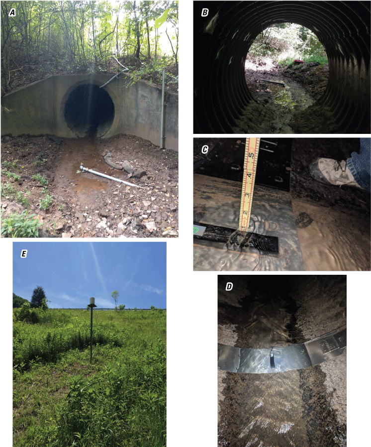 Clockwise from top left, (1) the culvert opening and apron. The orifice of the nonsubmersible
               transducer (NTRAN) is at the center, the crest-stage gage is the vertical pipe at
               the right, and flexible conduit for the area-velocity (AV) sensor cable is at the
               upper right corner of the culvert. (2) The orifice of the NTRAN photographed from
               inside the culvert facing upstream. (3) The AV sensor at a depth of 0.10 feet. (4)
               The AV sensor photographed from upstream. Installation hardware is shown. (5) The
               rain gage is at the top of the pole.