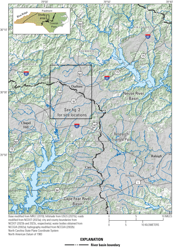 On the map, the upper Neuse River Basin is to the east-northeast and upper Cape Fear
                     River Basin to the southwest.