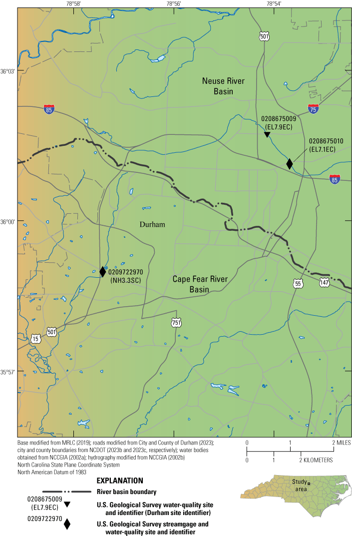 Sandy Creek is on the west side of Durham and Ellerbe Creek is on the north side of
                        Durham.