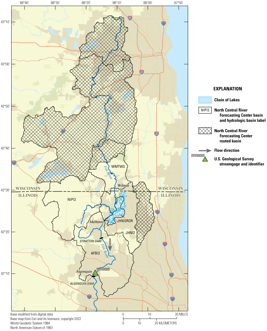 The map area includes northern Illinois and southern Wisconsin. One U.S. Geological
                        Survey streamgage and 5 hydrologic basins are labeled.