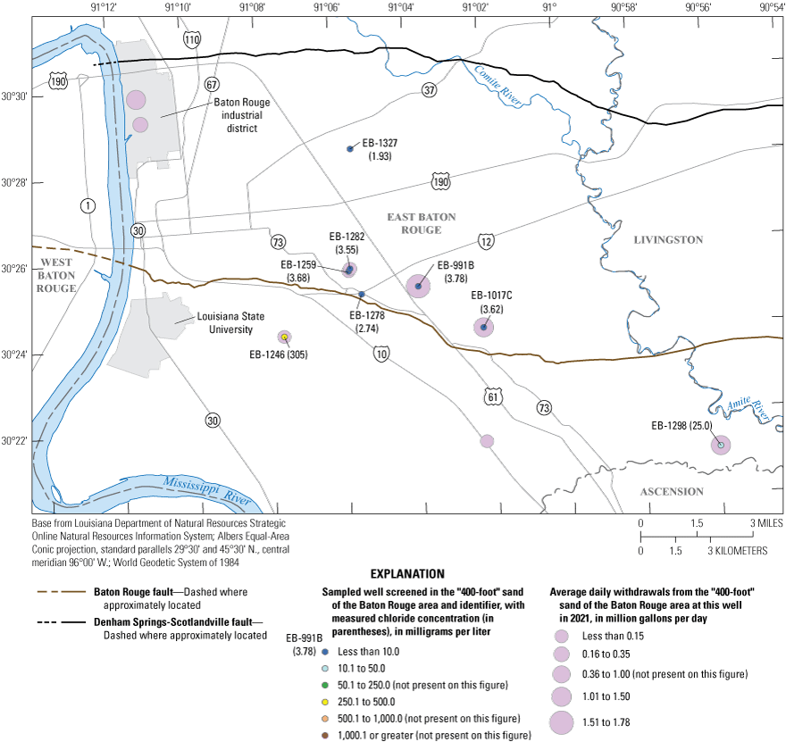 Chloride concentrations in water from wells screened in the “400-foot” sand of the
                        Baton Rouge area collected during November 2021 through February 2022 were mostly
                        less than 10 milligrams per liter.