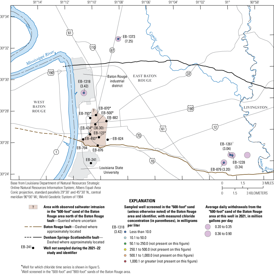 Chloride concentrations in water from wells screened in the “600-foot” sand of the
                        Baton Rouge area collected during November 2021 through February 2022 were less than
                        50 milligrams per liter.