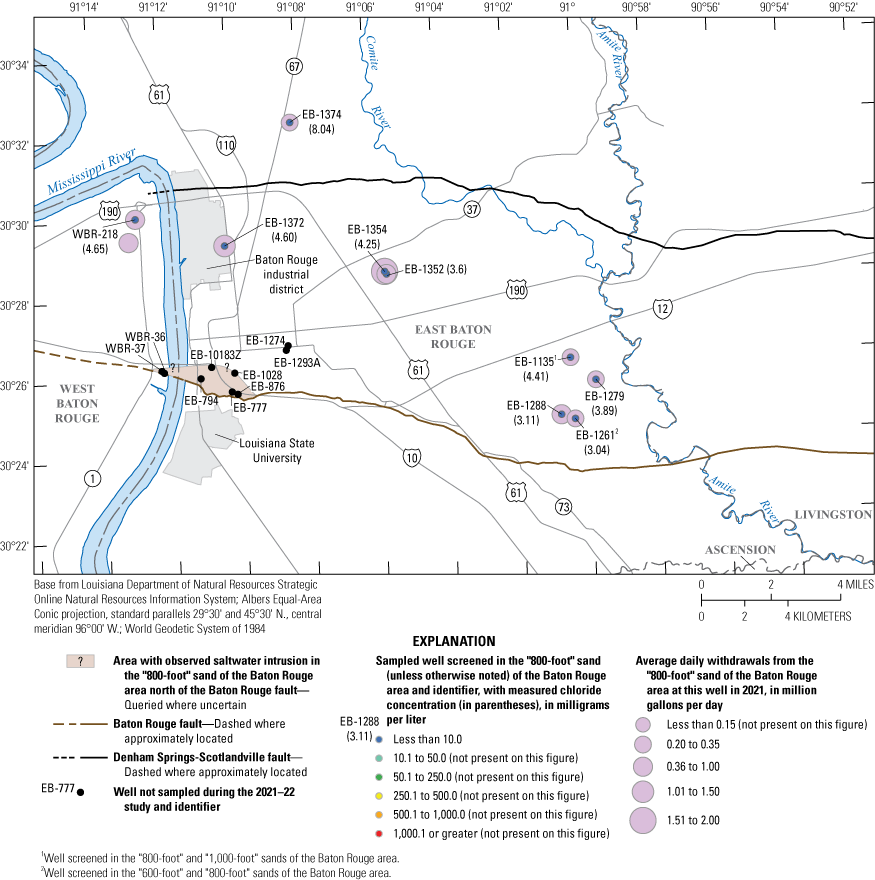 Chloride concentrations in water from wells screened in the “800-foot” sand of the
                        Baton Rouge area collected during November 2021 through February 2022 were less than
                        10 milligrams per liter.