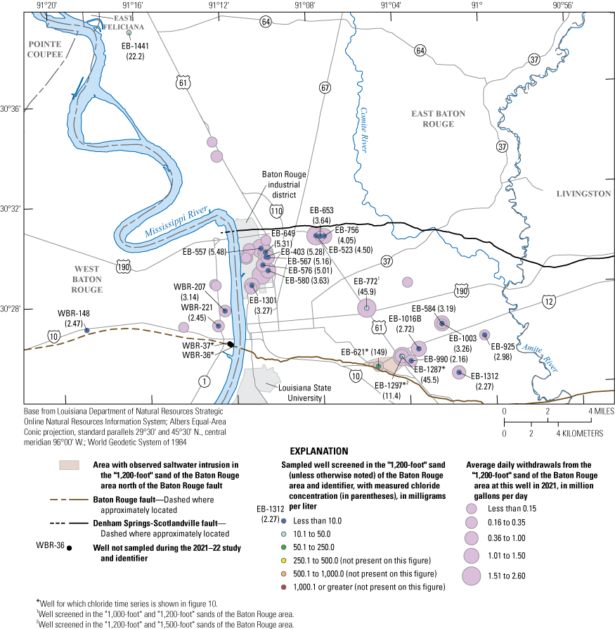 Chloride concentrations in water from wells screened in the “1,200-foot” sand of the
                        Baton Rouge area collected during November 2021 through February 2022 were mostly
                        less than 10 milligrams per liter, with a few concentrations between 10.0 and 250
                        milligrams per liter.