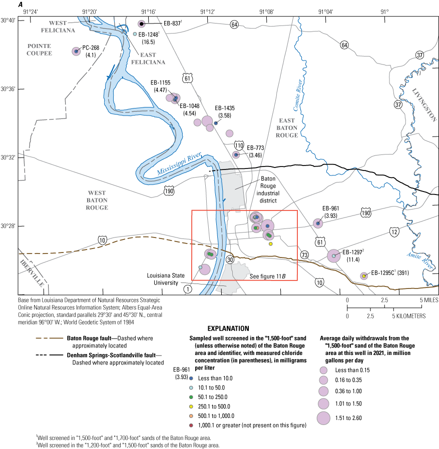 Figure 11. Chloride concentrations in water from wells screened in the “1,500-foot”
                        sand of the Baton Rouge area collected during November 2021 through February 2022
                        were mostly less than 10 milligrams per liter, with a few concentrations between 10.1
                        and 1,000 milligrams per liter.