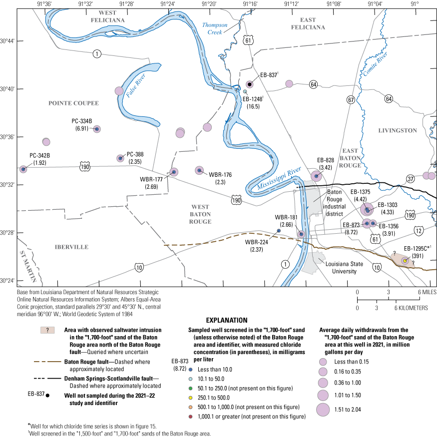 Chloride concentrations in water from wells screened in the “1,700-foot” sand of the
                        Baton Rouge area collected during November 2021 through February 2022 were mostly
                        less than 10 milligrams per liter, with one concentration that was 391 milligrams
                        per liter.