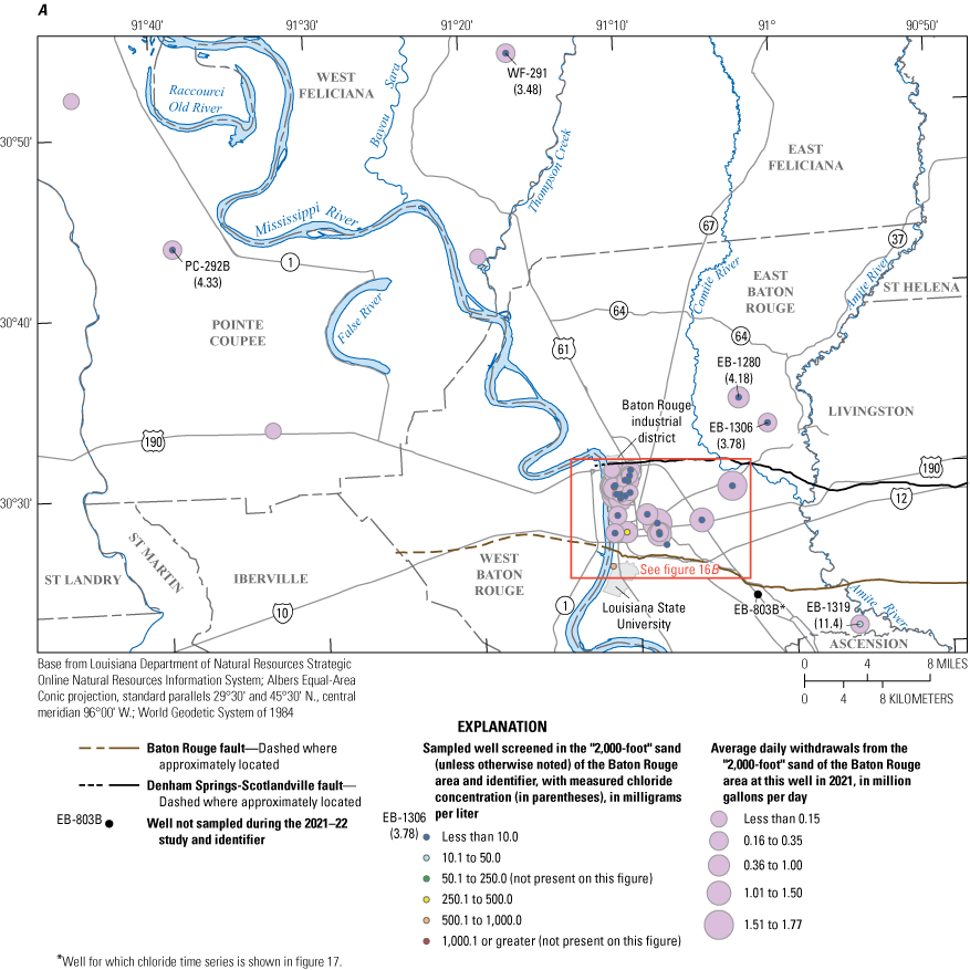 Chloride concentrations in water from wells screened in the “2,000-foot” sand of the
                        Baton Rouge area collected during November 2021 through February 2022 were mostly
                        less than 10 milligrams per liter, with one concentration that was 736 milligrams
                        per liter.