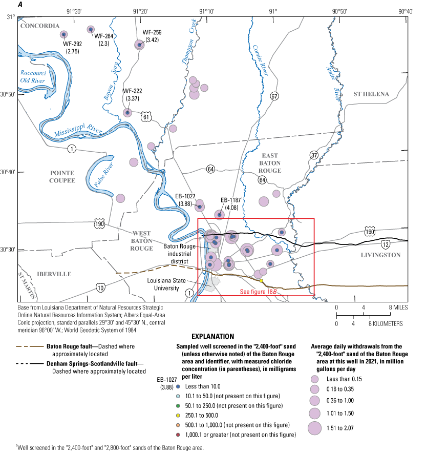 Chloride concentrations in water from wells screened in the “2,400-foot” sand of the
                        Baton Rouge area collected during November 2021 through February 2022 were mostly
                        less than 10 milligrams per liter, with one concentration that was 382 milligrams
                        per liter.