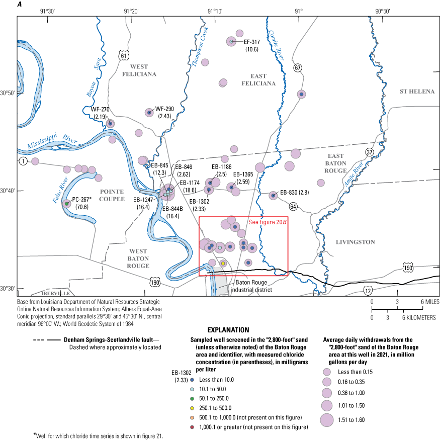 Chloride concentrations in water from wells screened in the “2,800-foot” sand of the
                        Baton Rouge area collected during November 2021 through February 2022 were mostly
                        less than 10 milligrams per liter, with one concentration of 333 milligrams per liter.