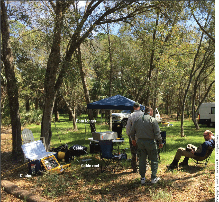 People near table with equipment surrounded by trees.