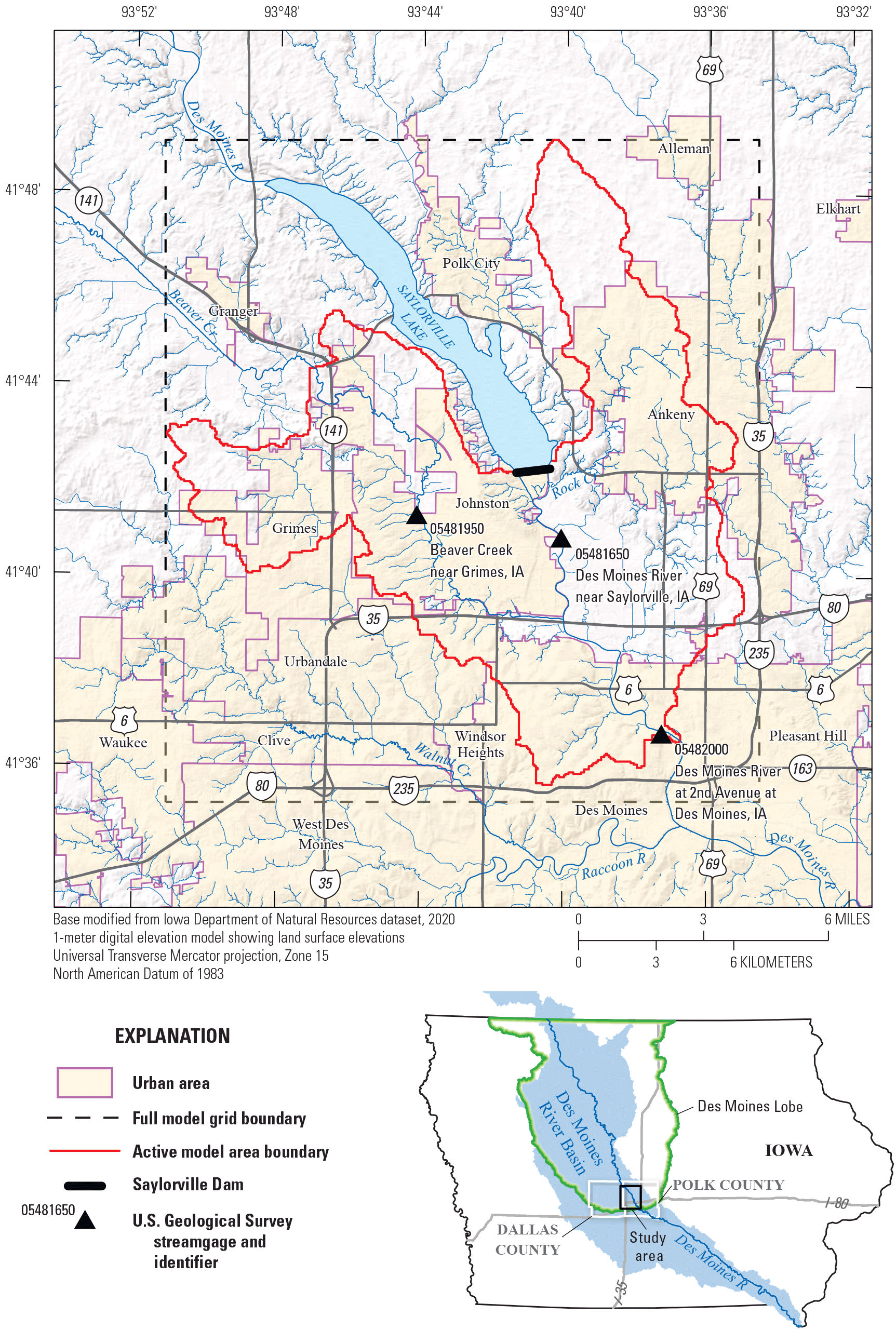 The full model grid boundary includes the active model area and three U.S. Geological
                     Survey streamgages. A secondary map shows the study area location within Iowa, including
                     Polk and Dallas Counties, the Des Moines Lobe, the Des Moines River, and its drainage
                     area.