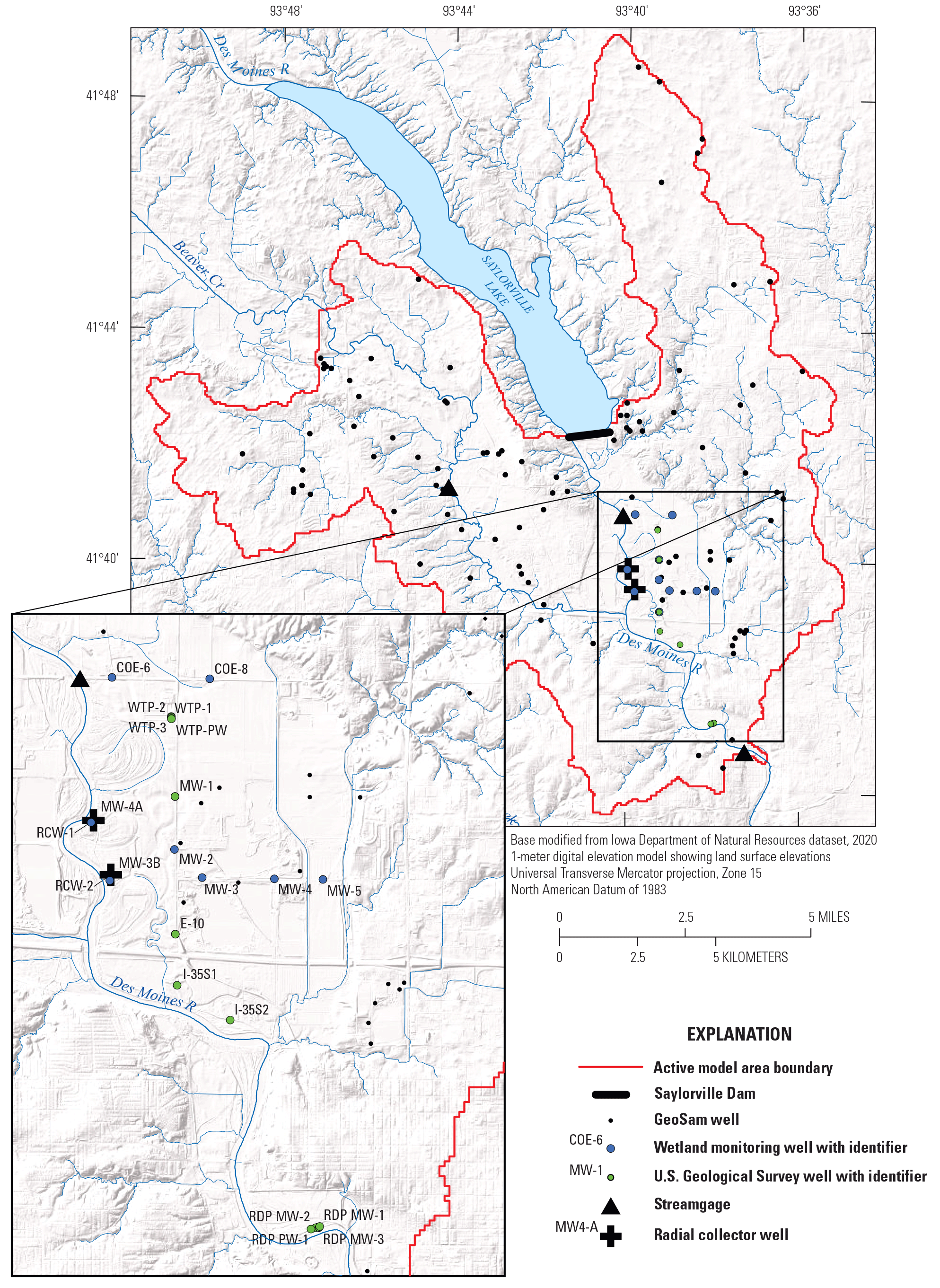 Radial collector wells, U.S. Geological Survey streamgages, monitoring wells, Iowa
                        Geological Survey GeoSam wells, and wetland habitat monitoring wells are labeled in
                        the study area. A zoomed-in inset map shows the location of monitoring and production
                        wells in the central part of the model area.