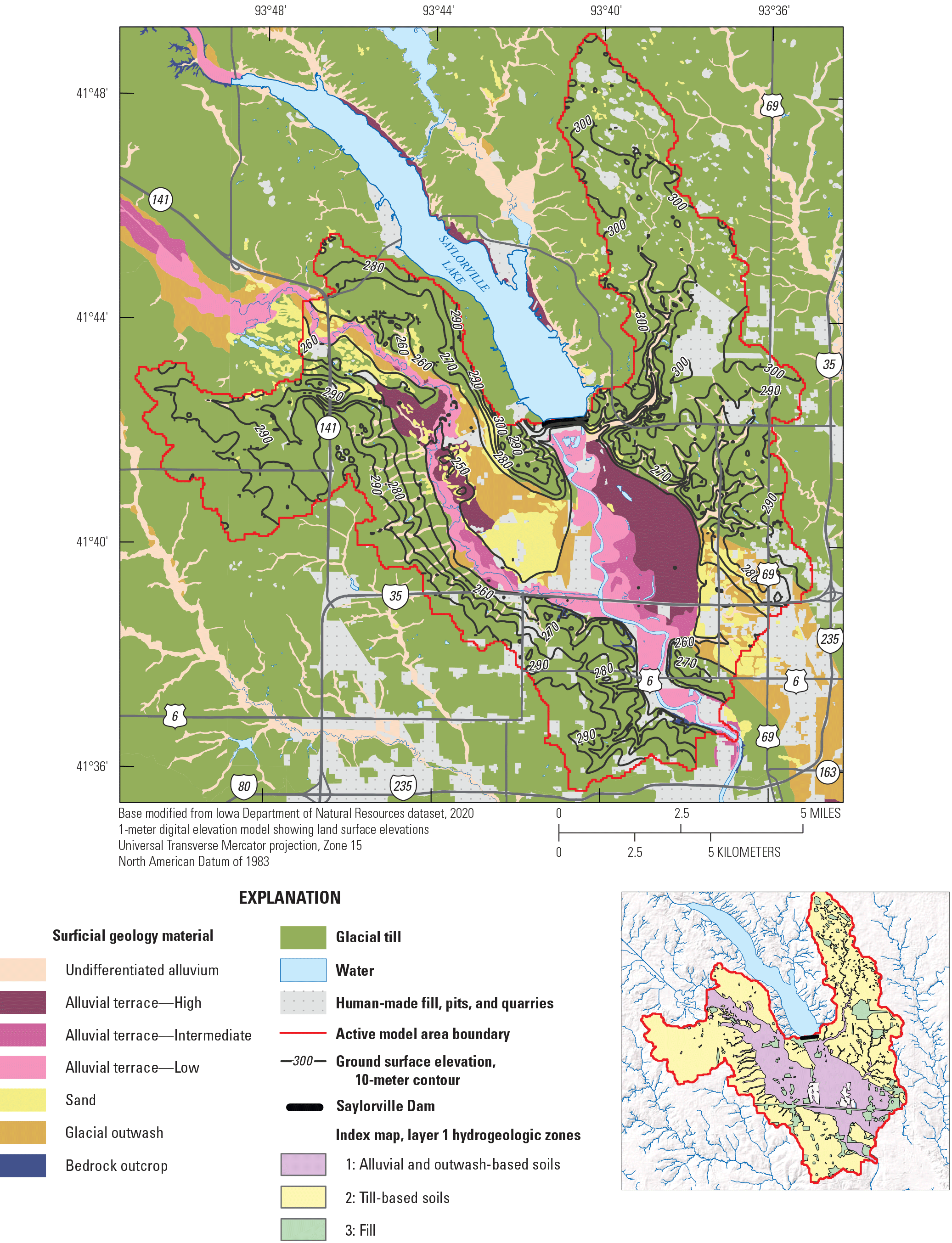 Elevation contours of layer 1 (surface materials) and surface geologic materials are
                              labeled in the model area.