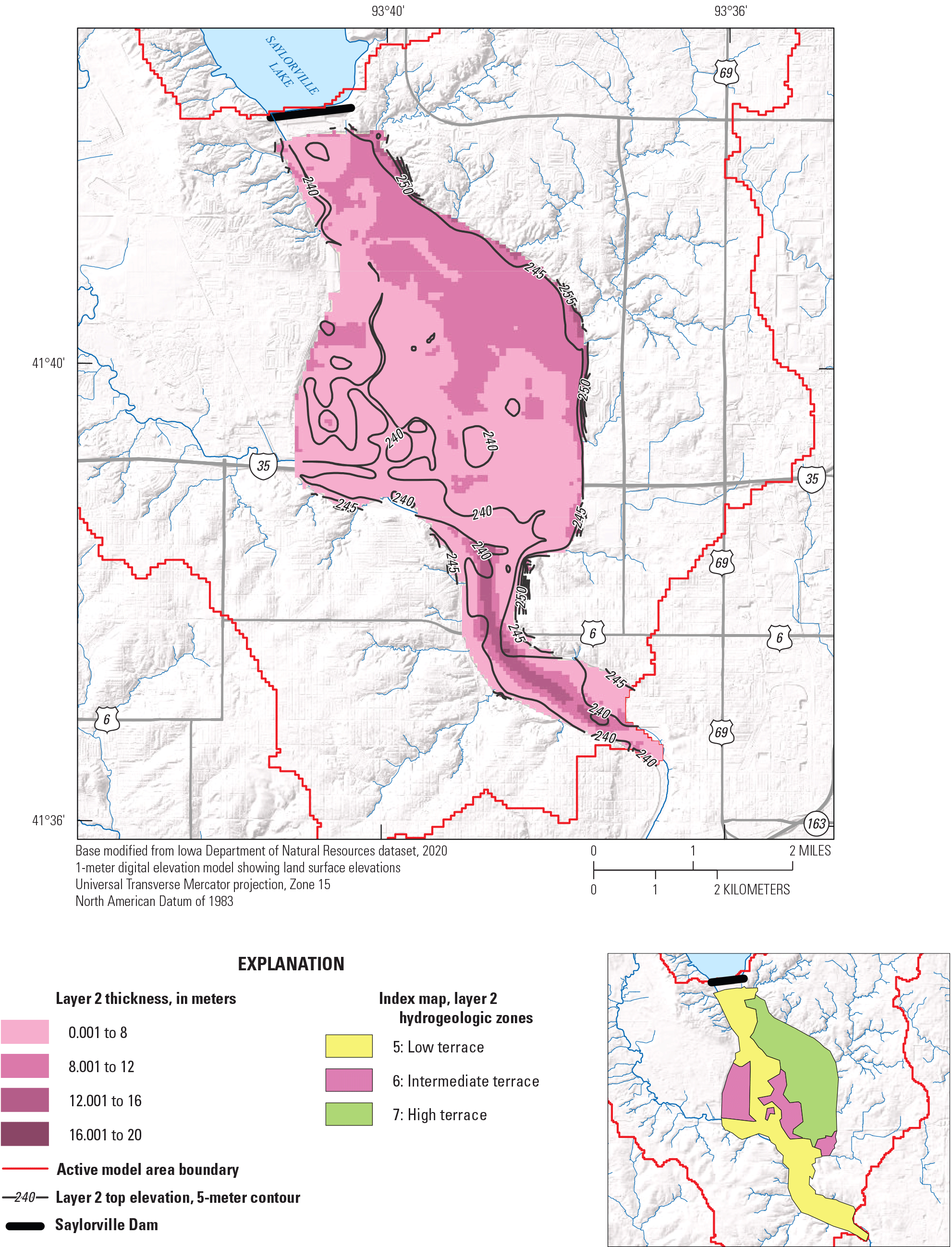 Top elevation, thickness (meters), and extent of layer 2 (Des Moines River alluvium)
                              are labeled in the model area.