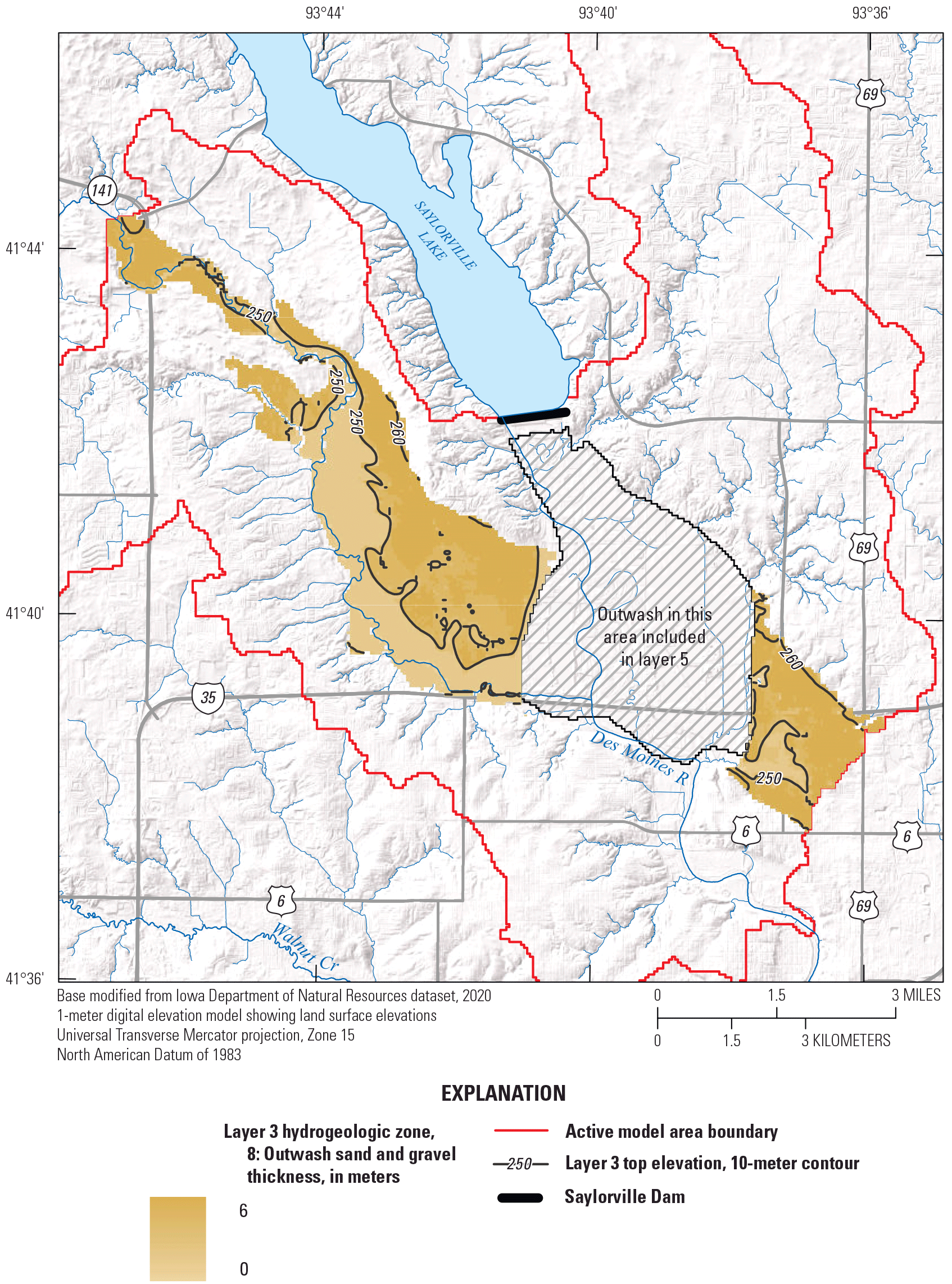 Thickness and extent of layer 3 (glacial outwash) are labeled in the model area.