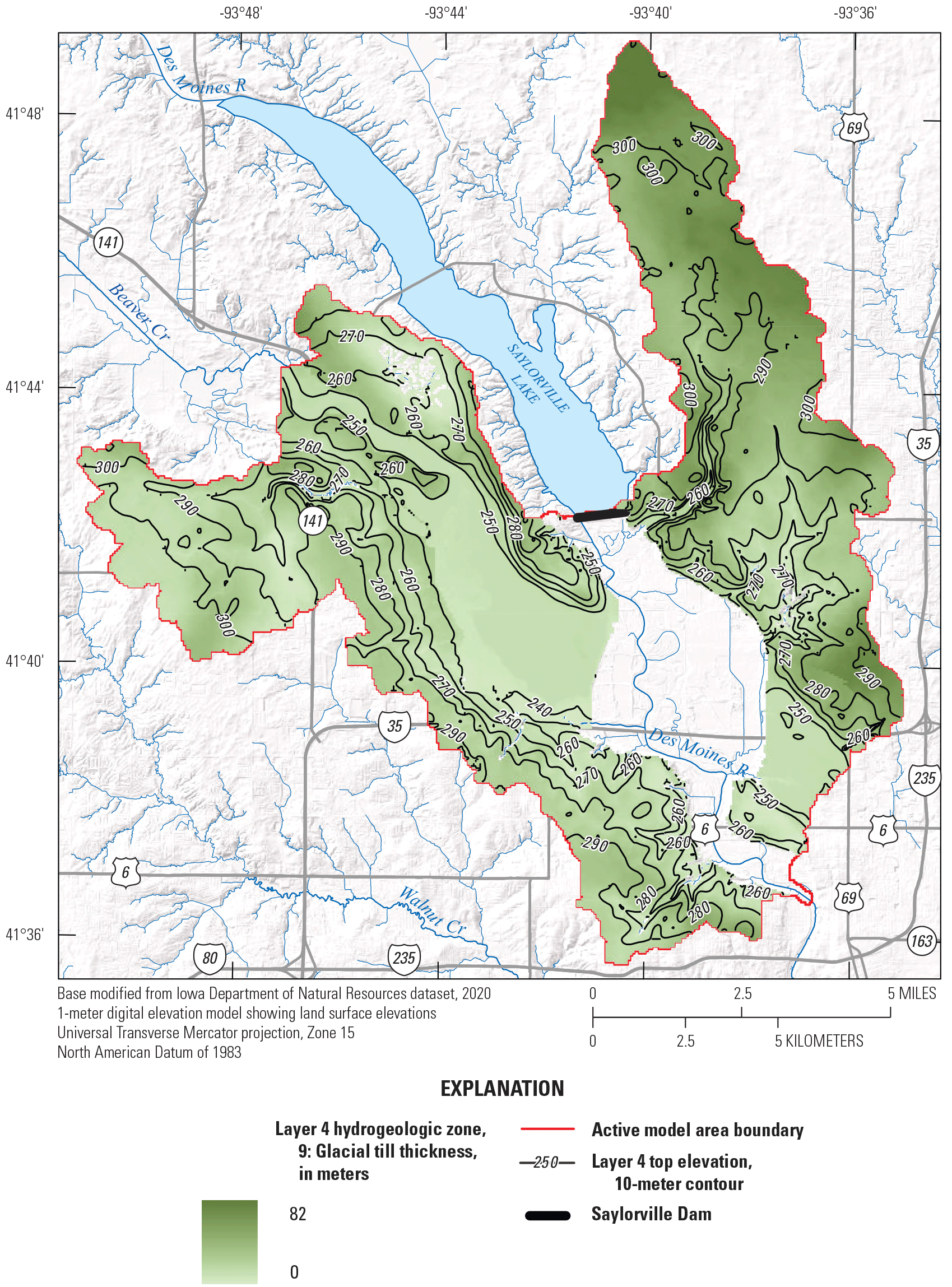 Thickness and extent of layer 4 (glacial till) are labeled in the model area. 