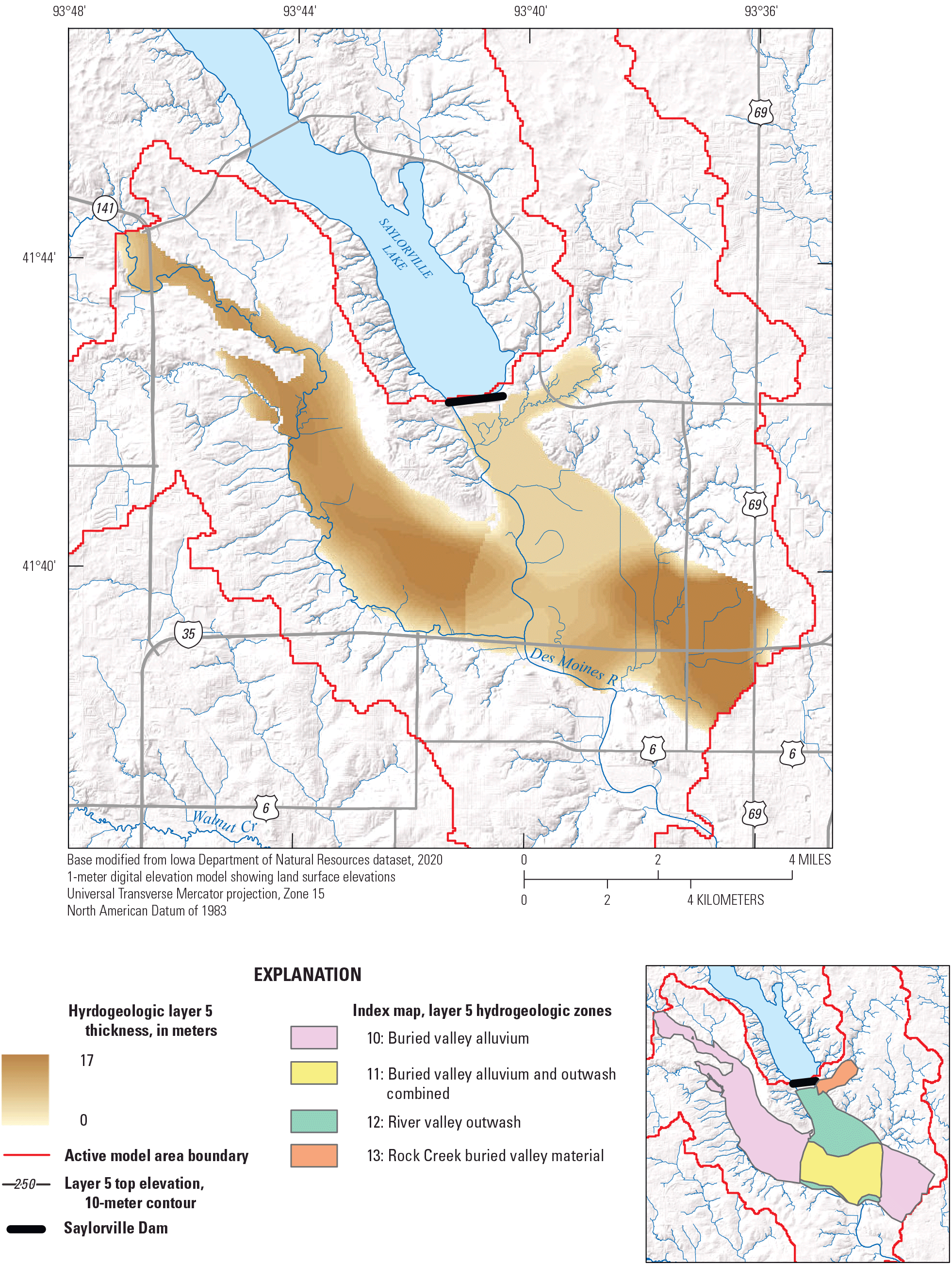 Thickness and extent of layer 5 (buried valley alluvium) are labeled in the model
                              area. 