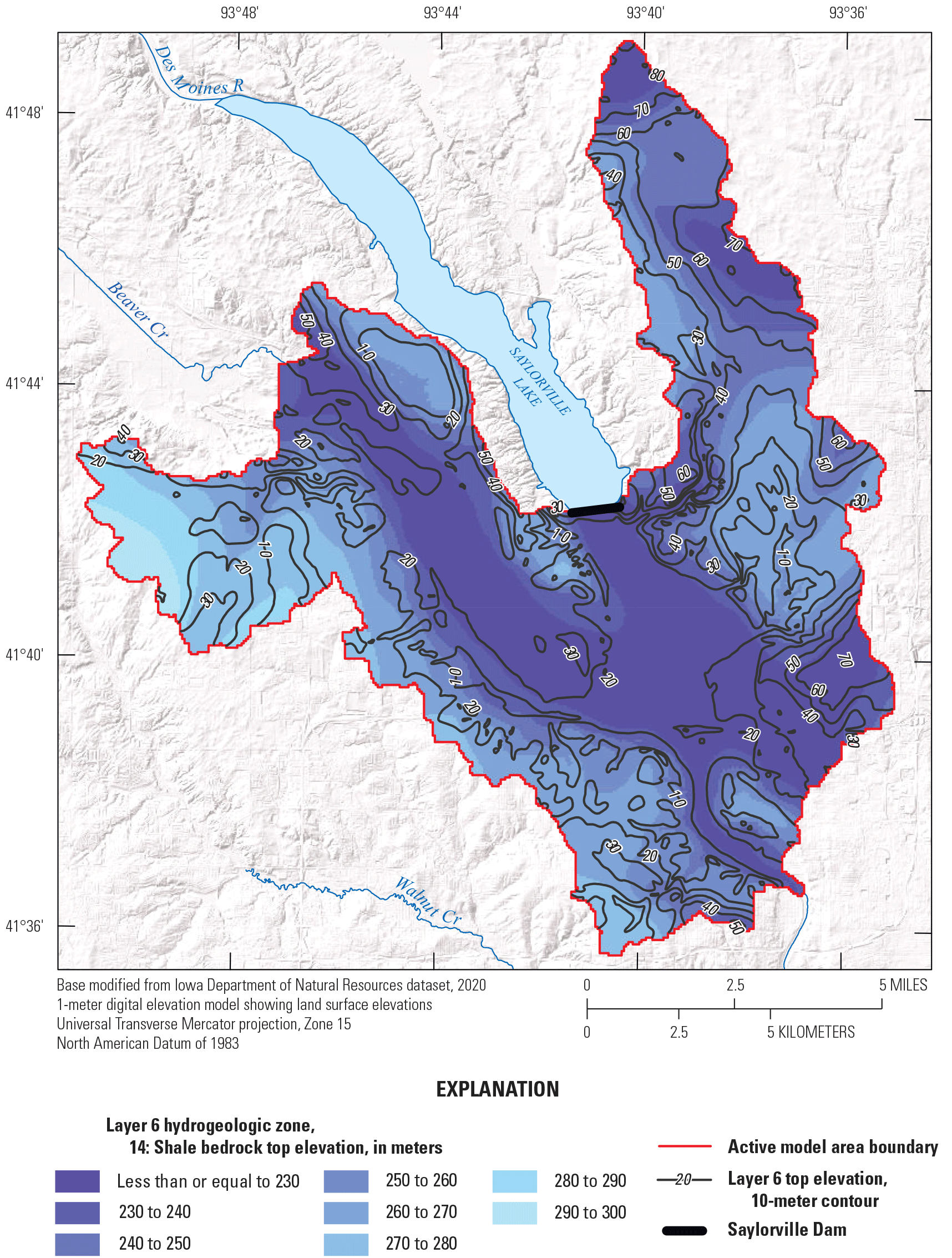 Elevation, depth to layer, and extent of layer 6 (bedrock) are labeled in the model
                              area.