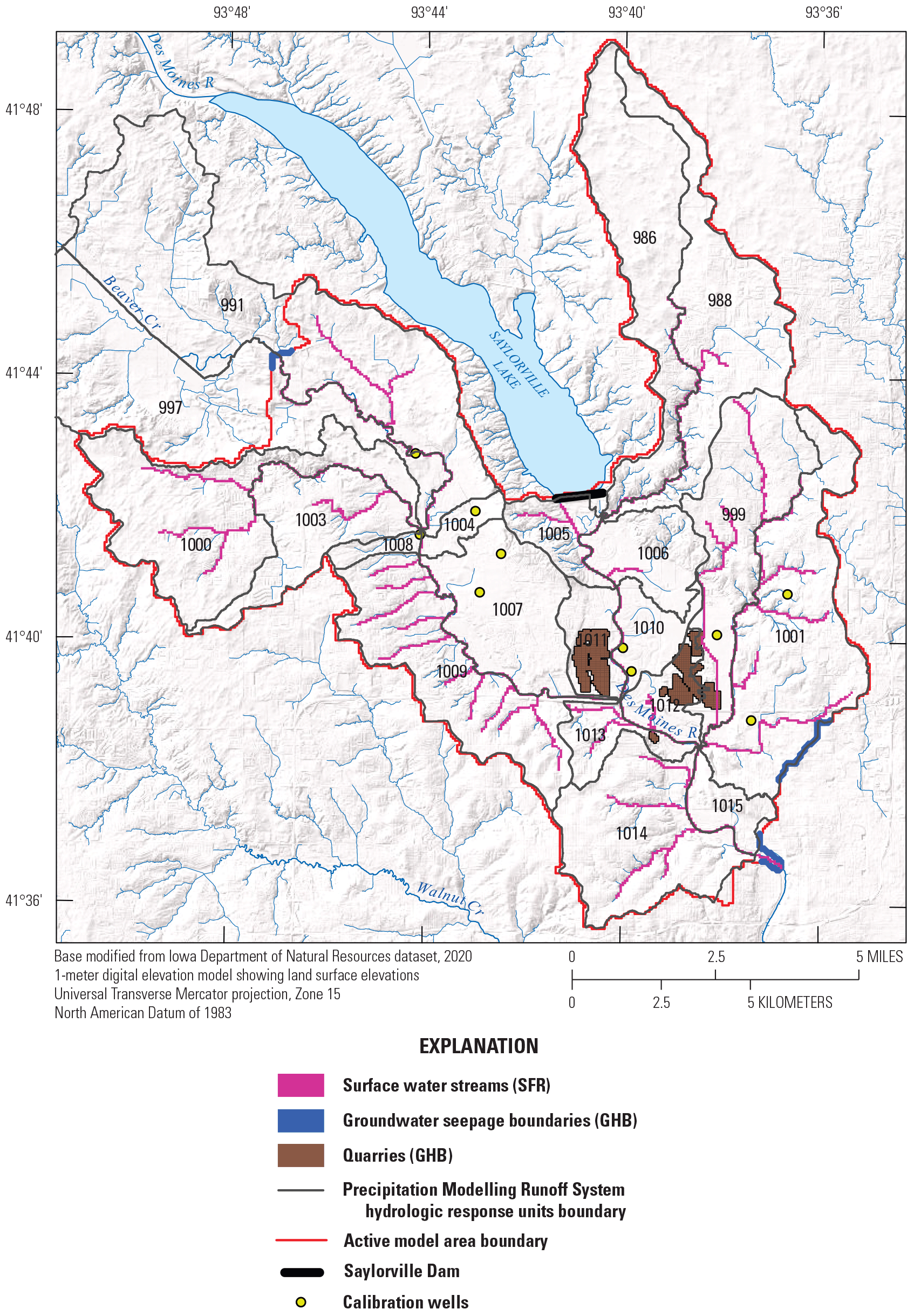 Hydrologic features and corresponding MODFLOW 6 boundary condition packages used in
                        the numerical model are labeled within the active model boundary area.