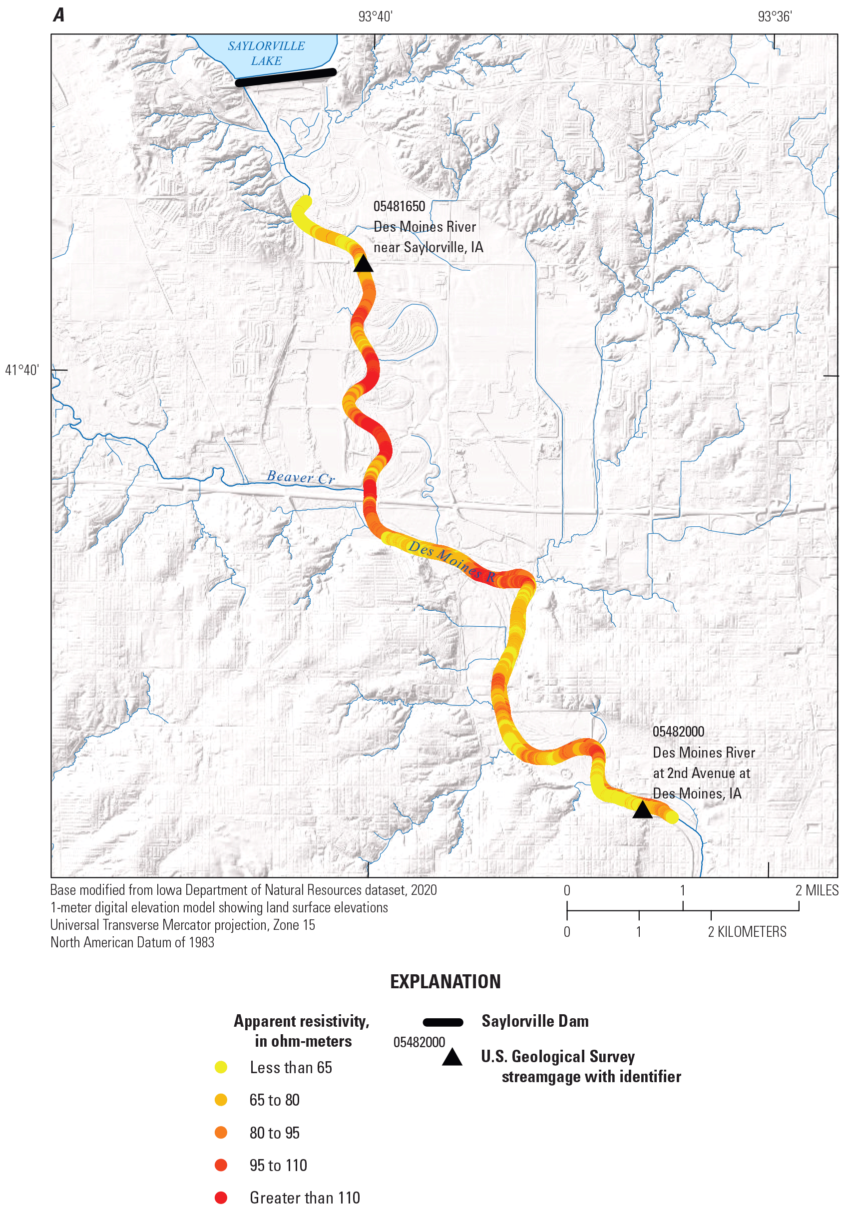 Continuous resistivity profiling (CRP) data collection is mapped along the Des Moines
                           River. A CRP cross-sectional profile of Des Moines River of apparent resistivity in
                           ohm-meters at depth below water surface shows resistivity values from less than 50
                           to more than 110 ohm-meters.