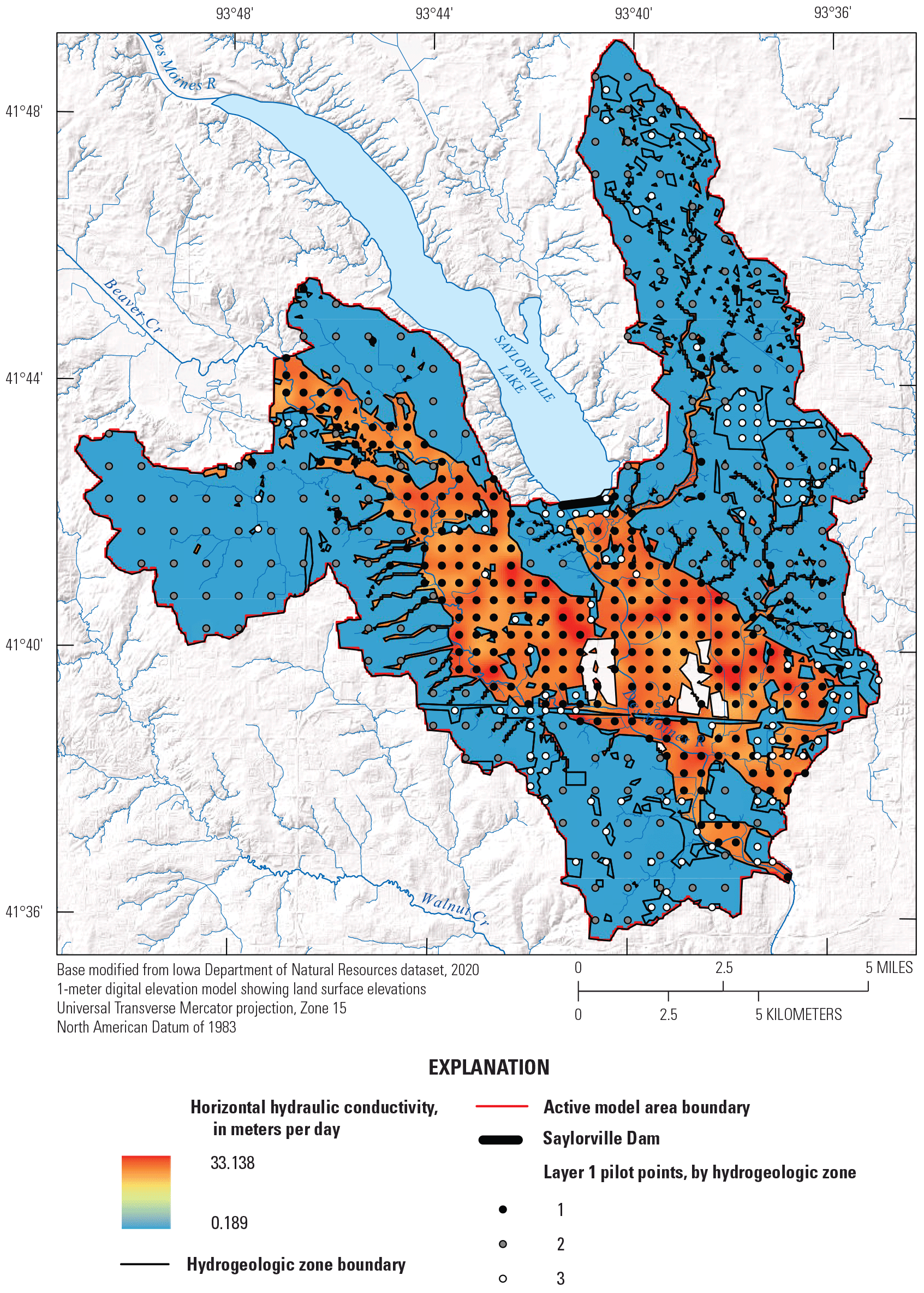 Calibrated horizontal hydraulic conductivity is mapped as an interpolated surface
                           for each hydrogeologic zone within the boundary of layer 1 and pilot point locations
                           for layer 1.