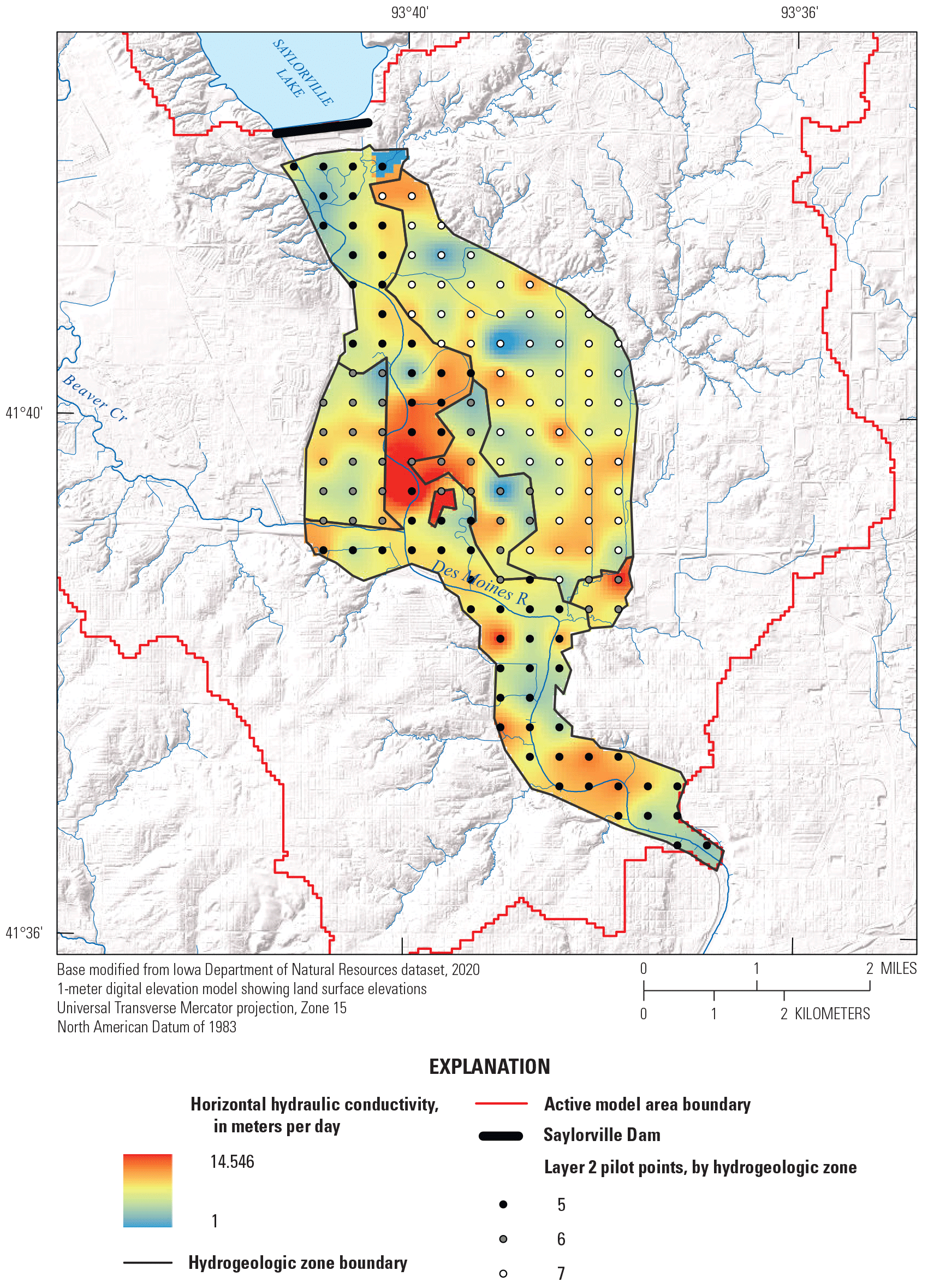 Calibrated horizontal hydraulic conductivity is mapped as an interpolated surface
                           for each hydrogeologic zone within the boundary of layer 2 and pilot point locations
                           for layer 2.