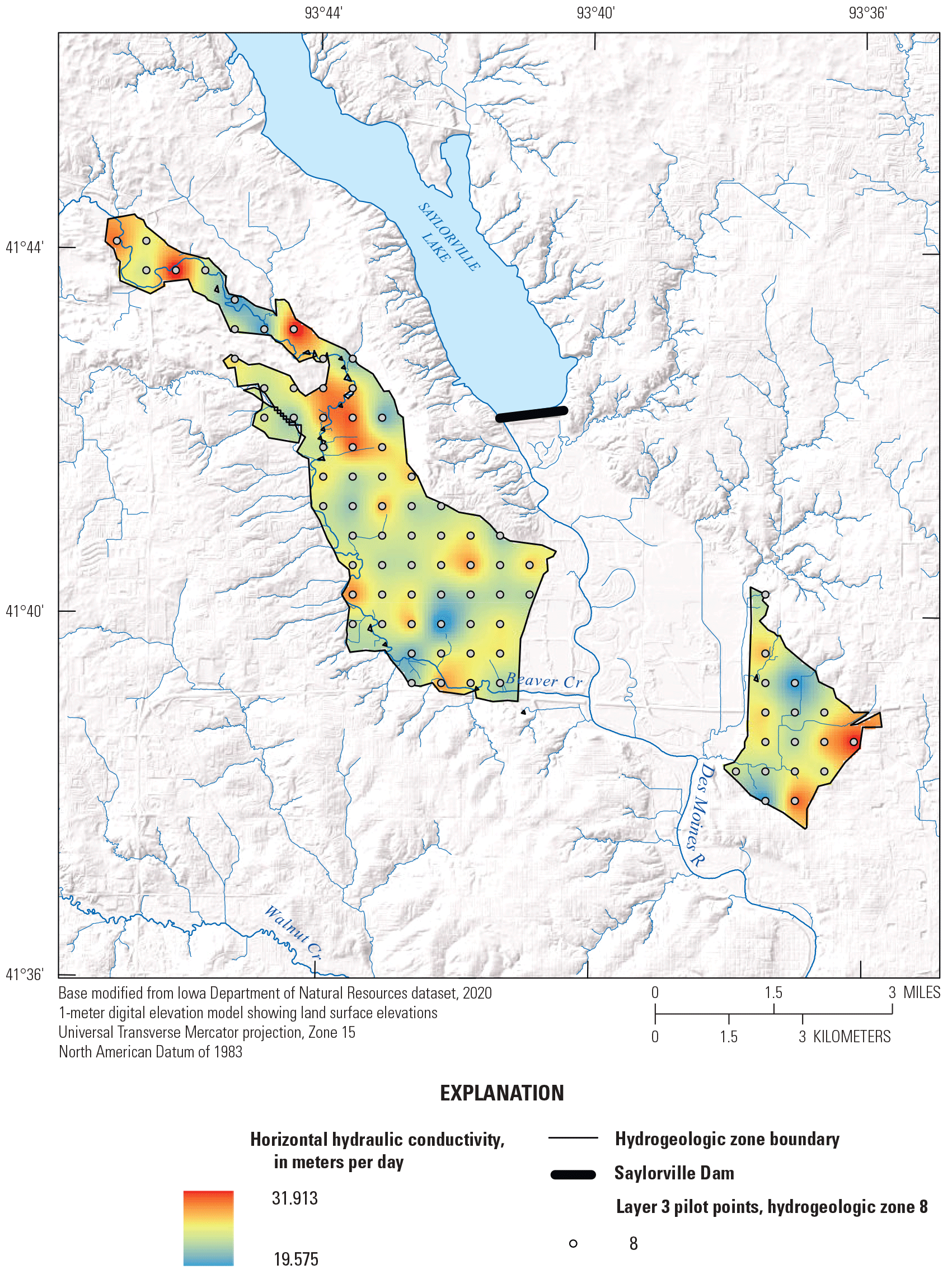 Calibrated horizontal hydraulic conductivity is mapped as an interpolated surface
                           within the boundary of layer 3 and pilot point locations for layer 3.