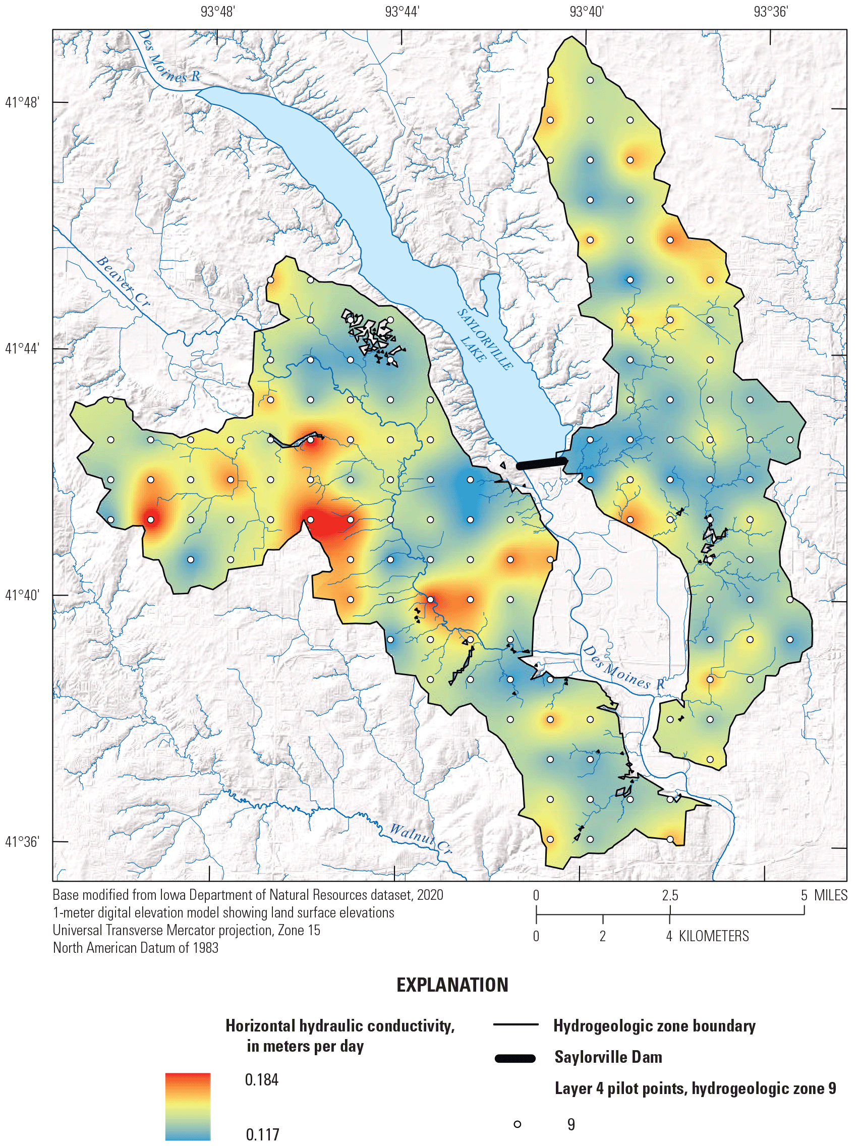 Calibrated horizontal hydraulic conductivity is mapped as an interpolated surface
                           within the boundary of layer 4 and pilot point locations for layer 4.