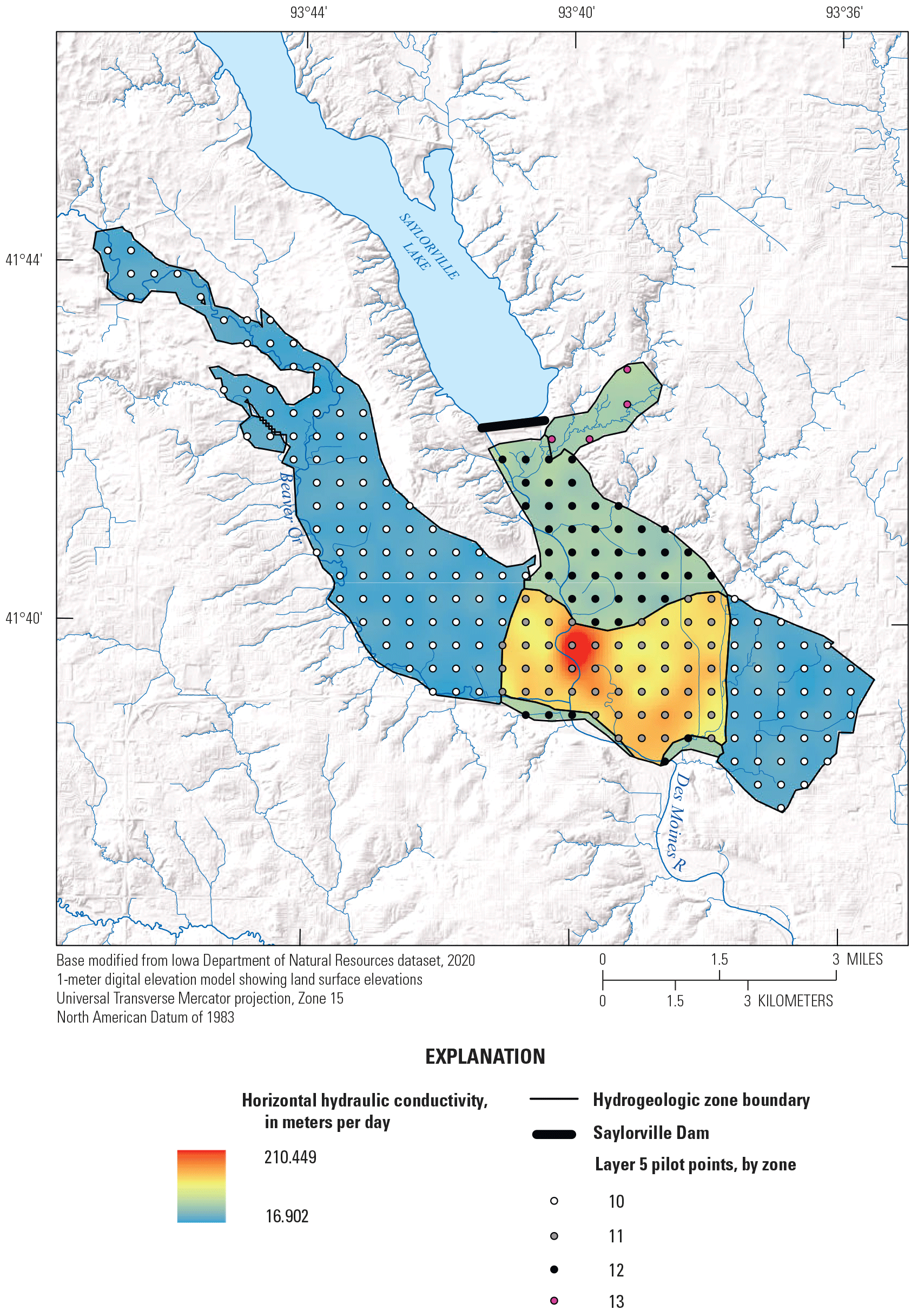 Calibrated horizontal hydraulic conductivity is mapped as an interpolated surface
                           for each hydrogeologic zone within the boundary of layer 5 and pilot point locations
                           for layer 5.