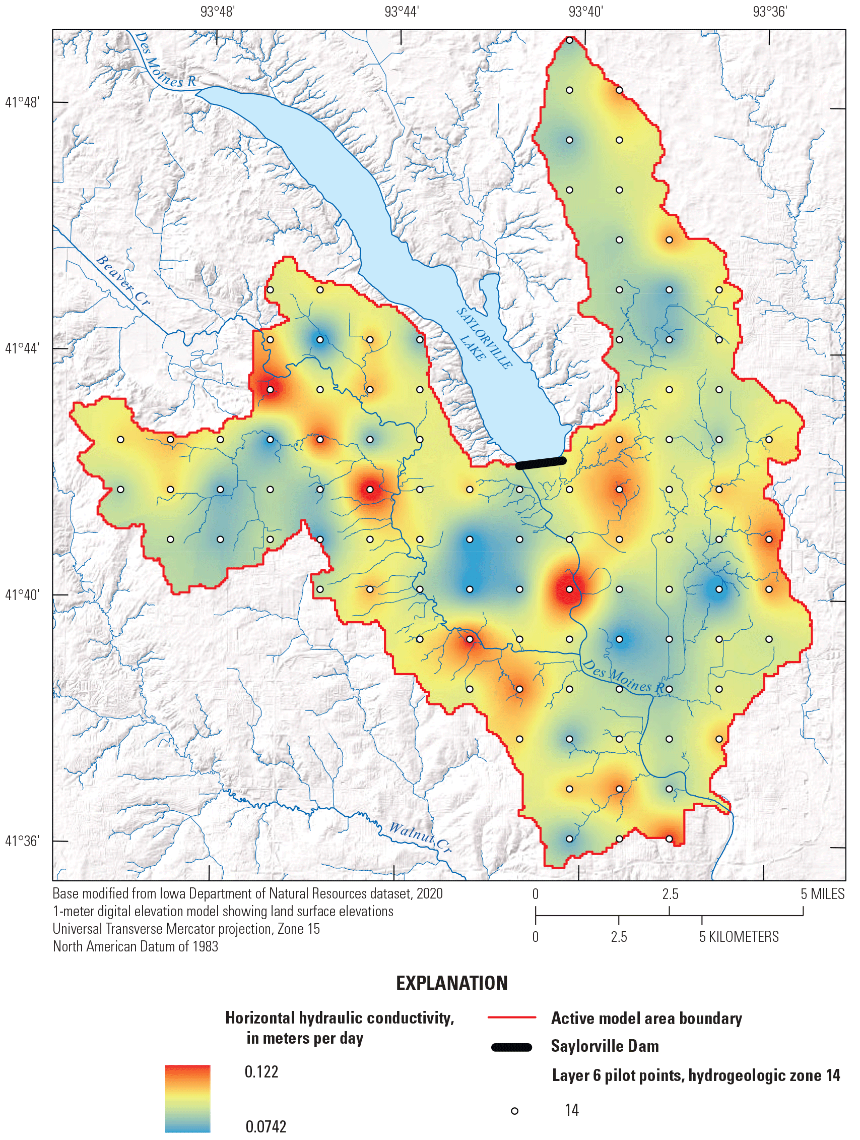 Calibrated horizontal hydraulic conductivity is mapped as an interpolated surface
                           within the boundary of layer 6 and pilot point locations for layer 6.