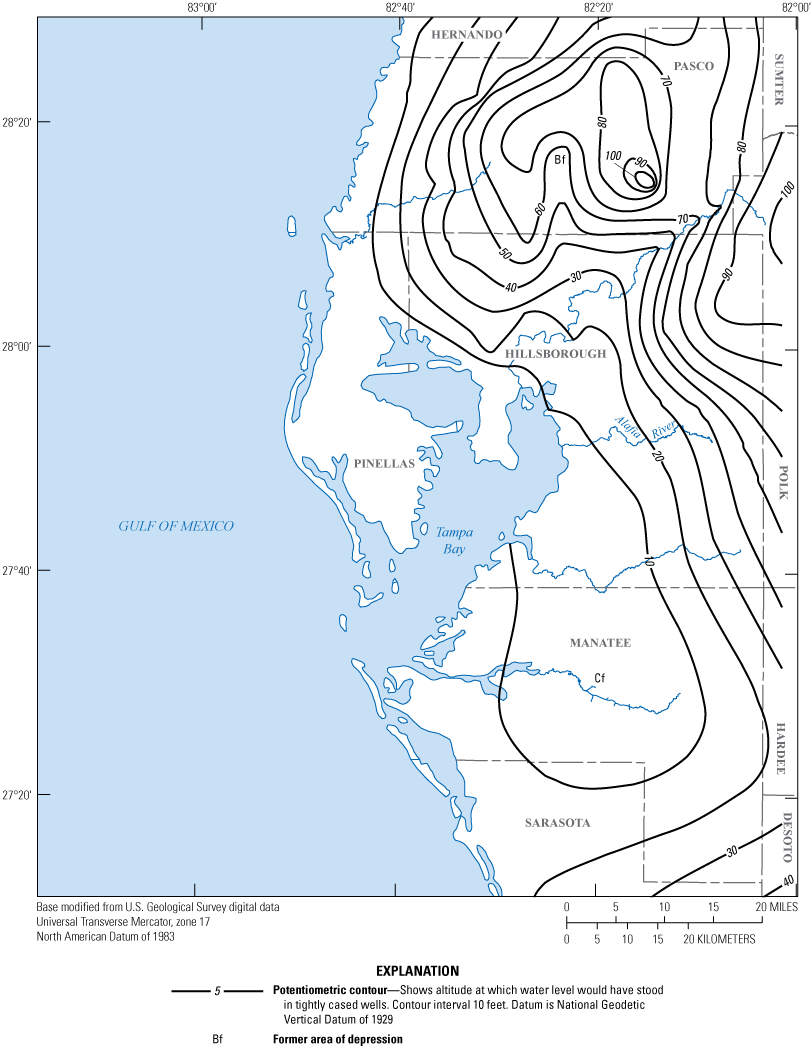 Potentiometric surface has no cones of depression. Groundwater levels are highest
                     in the northeastern part of study area.