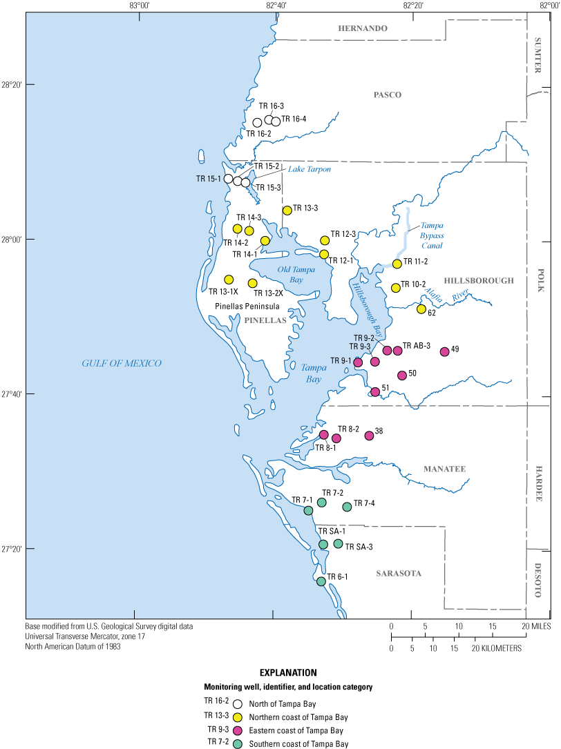 Wells distributed throughout the study area in lands surrounding Tampa Bay.