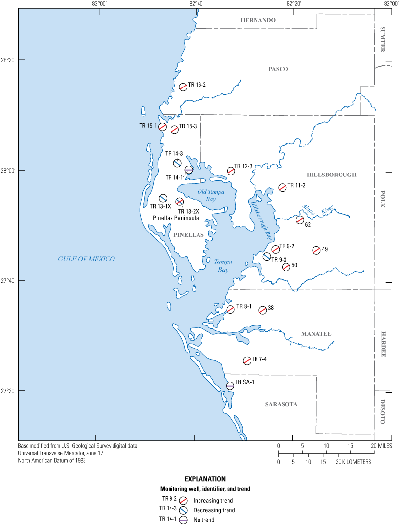 Increasing trends throughout study area; fewer flat and decreasing trends are shown,
                        mostly in Pinellas County.