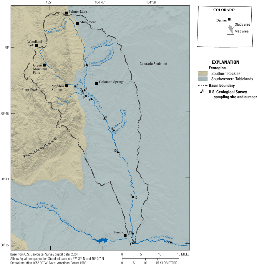 Alt text 1. USGS sampling sites located along Fountain Creek between the Colorado
                        Springs and Pueblo areas.