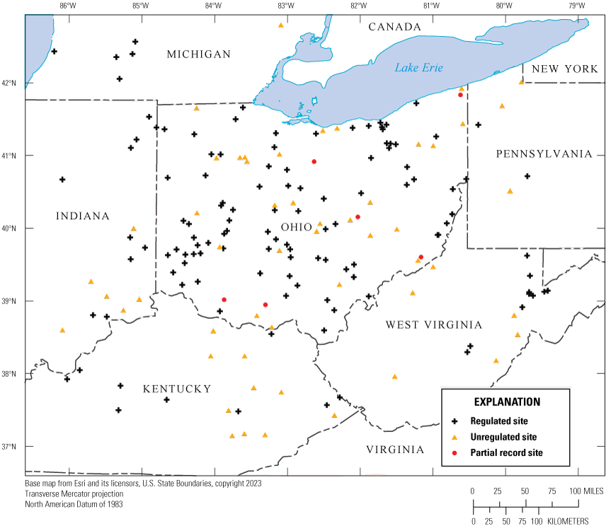 Symbols mark locations of 180 continuous record gages and 6 partial-record gages in
                        Ohio and neighboring states.