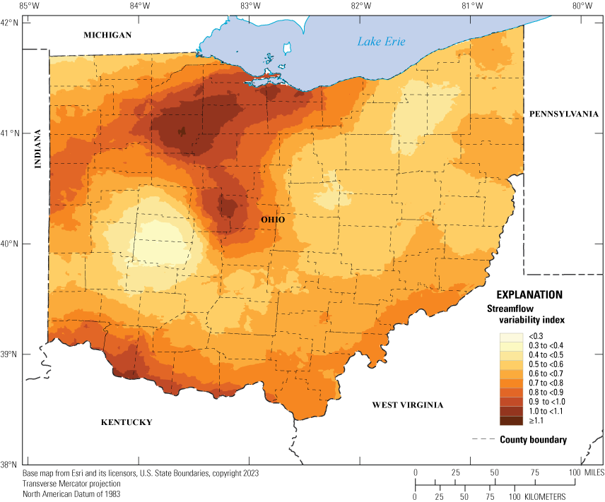 Streamflow-variability index is highest (near 1) in northwest Ohio and lowest (under
                        0.5) in the northeast and central west.