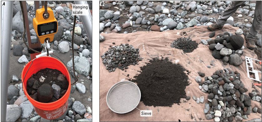 Figure 7. Sediment filled bucket on a hanging scale and several piles of similar sized
                        sediment separated on a ground cloth on a gravel bar.