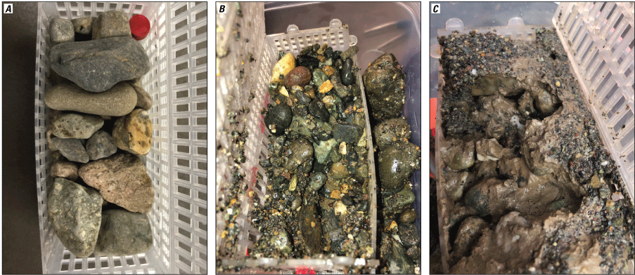 Figure 10. WV boxes that contain coarse substrate free of fine grains pre-field installation
                        and two boxes post-recovery filled with both coarse substrate and small gravel and
                        finer sediments.