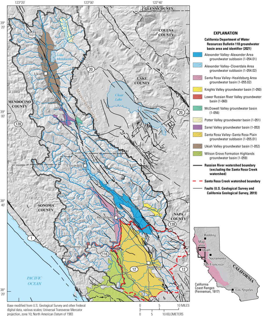 1. Map of the Russian River region and study area. Political boundaries, groundwater
                     basin boundaries, place names, and faults in the Russian River region.