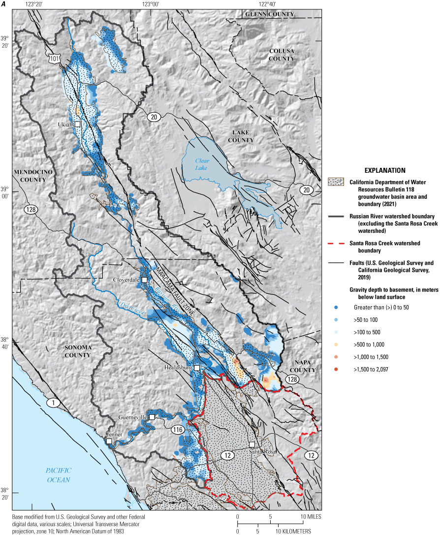 5. Gravity derived depth to basement has been computed throughout the Russian River
                           region.