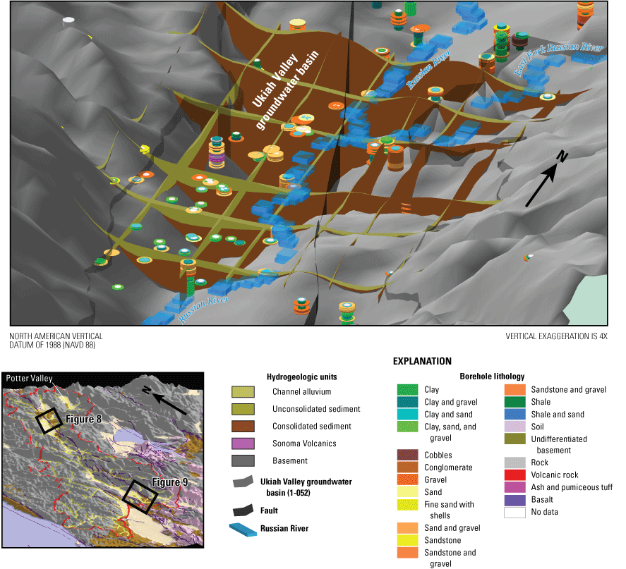 8. Geologic units intercepted in boreholes are shown with interpreted location of
                        hydrogeologic units in the subsurface on several vertical profiles in the Ukiah Valley
                        groundwater basin, in the northernmost part of the Russian River region and study
                        area.