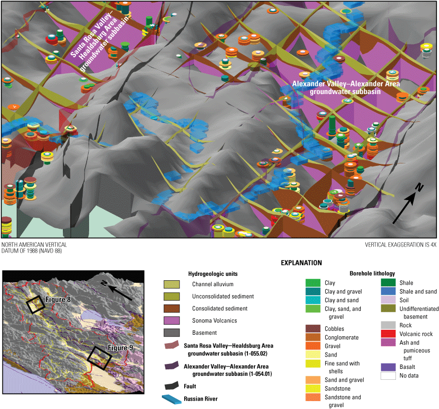 9. Geologic units intercepted in boreholes are shown with interpreted location of
                        hydrogeologic units in the subsurface on several vertical profiles in the southern
                        part of the Russian River region and study area.